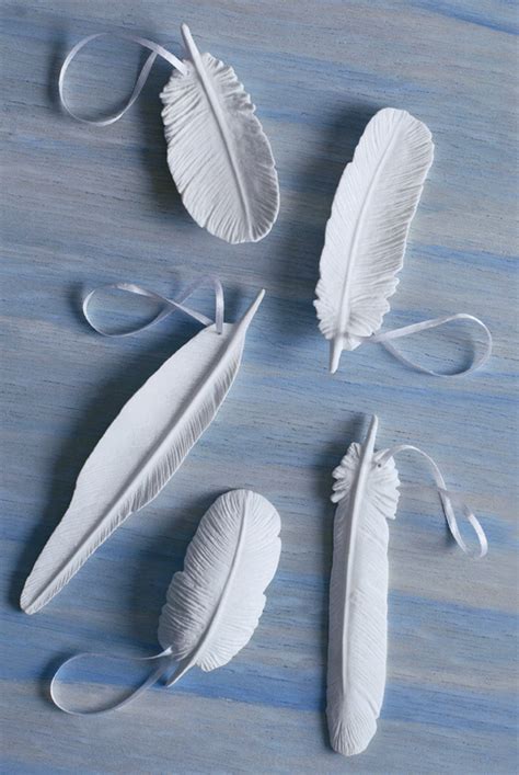 White Porcelain Modern Feather Christmas Tree Ornaments Set Of 5