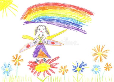 Vuelo De Hadas Del Dibujo Del Niño En Una Flor Stock De Ilustración