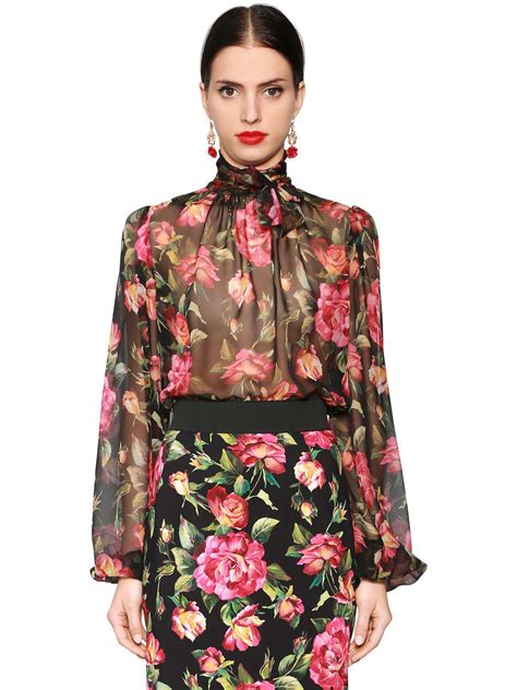 Dolce Gabbana Floral Print Sheer Silk Chiffon Blouse In Black Pink