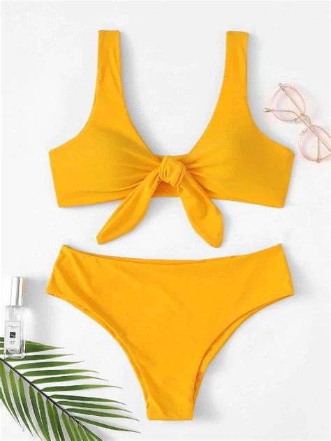 Yellow Knot Front Plunge Bikini Set Plunge Bikini Bikini Set High
