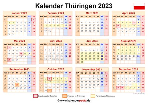 Kalender 2023 Thüringen Ferien Feiertage Excel Vorlagen