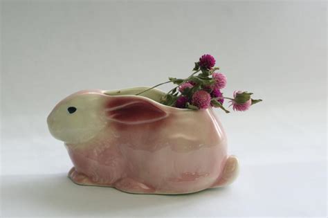 Vintage Pottery Planter Pink And White Rabbit Easter Bunny For Spring Decor