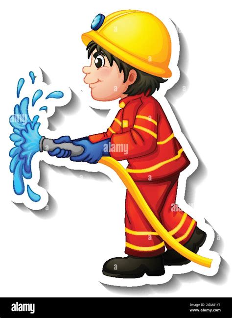 Sticker Design With A Fireman Cartoon Character Illustration Stock