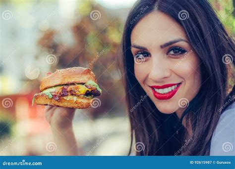 Happy Young Woman Eat Tasty Fast Food Burger Stock Image Image Of
