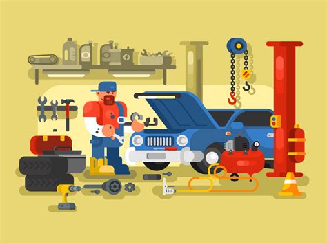 Mechanic Repairs Car In The Garage Illustration Kit8