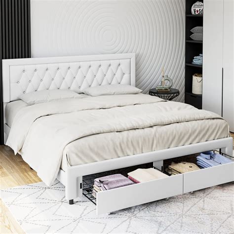 Buy Queen Bed Frame With 2 Storage Drawers Leather Upholstered Platform Bed Frame With Button