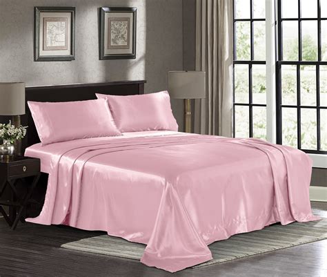 Satin Sheets California King Piece Pink Luxury Silky Bed Sheets Extra Soft