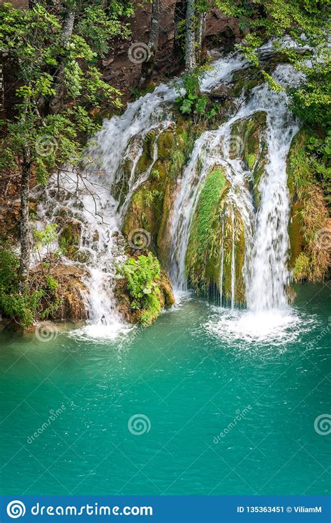 Waterfall At A Turquoise Lake The Plitvice Lakes National Park Stock