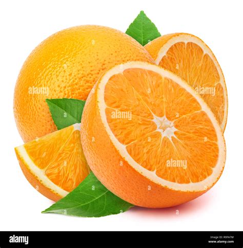 Perfectly Retouched Orange With Half Slices And Leaves Isolated On