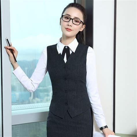 High Quality Fiber Formal Ladies Black Striped Vest Women Waistcoat Slim Elegant Work Wear