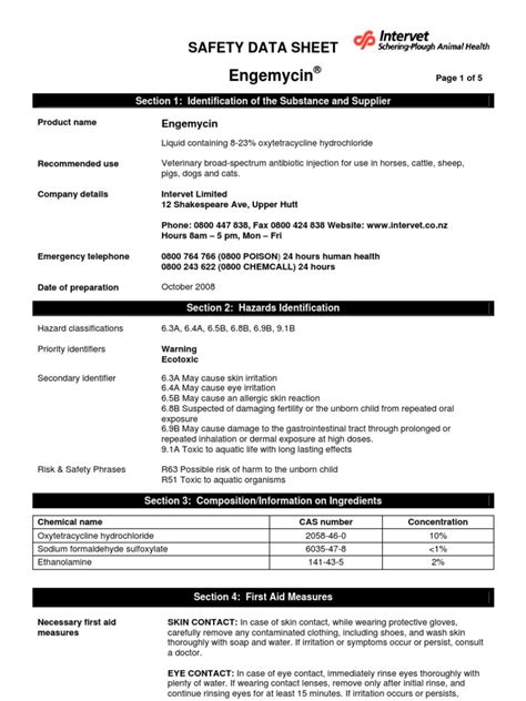 Ghadeer inc (m) sdn bhd no.14 jln laksamana 10a, tmn mewah jaya 3, 41200 klang, selangor darul ehsan, malaysia. Engemycin Safety Data Sheet Tcm90-170911 | Toxicity ...