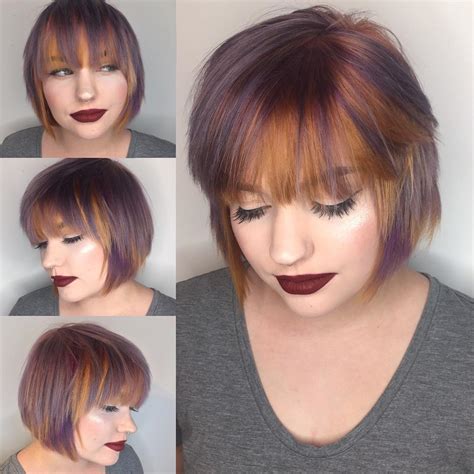 Side sweeping is the most popular way to style feathered bangs. Purple and Copper Streaked Layered Bob with Feathered ...