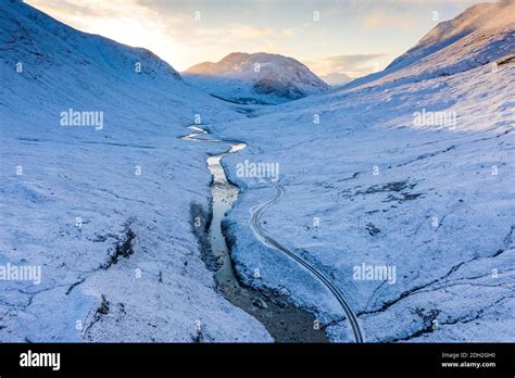 Aerial View Of Snow Covered Glen Etive During Winter Highland