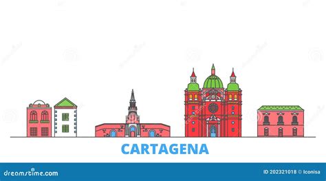 Colombia Cartagena Line Cityscape Flat Vector Travel City Landmark