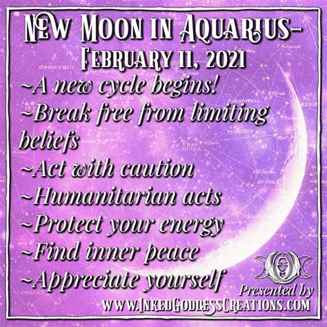 The New Moon In Capricon Poster Is Shown On A Purple And White Background