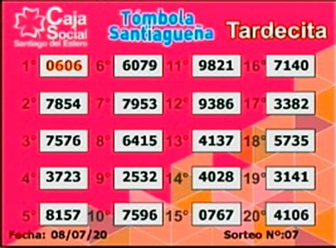 Sorteo matutino de la tómbola santiagueña del martes 25 de agosto de 2020. Resultado de la Tómbola Santiagueña del miércoles 8 de ...