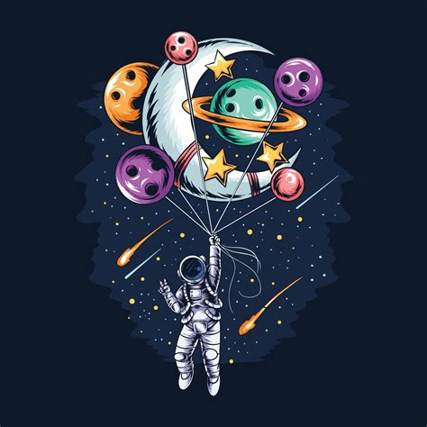 Astronaut Flying By Holding Planet And Moon Balloons 2133923 Vector Art