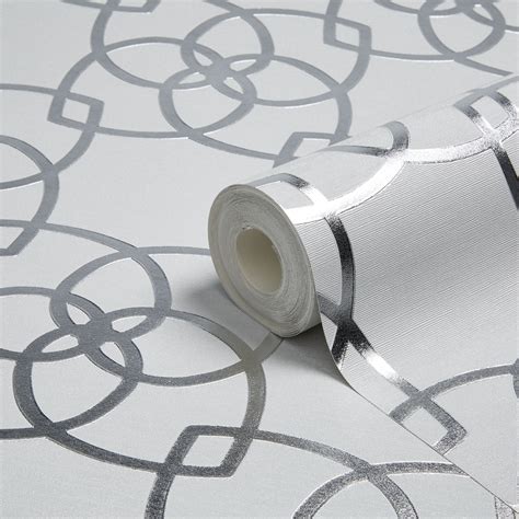Muriva Precious Silks Silver Geometric Metallic Wallpaper Clearance