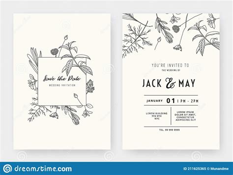 Minimalist Wedding Invitation Card Template Design Floral Black Line