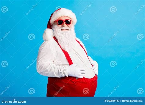 Photo Of Crazy Overweight Santa Claus Touch His Big Belly Enjoy X Mas