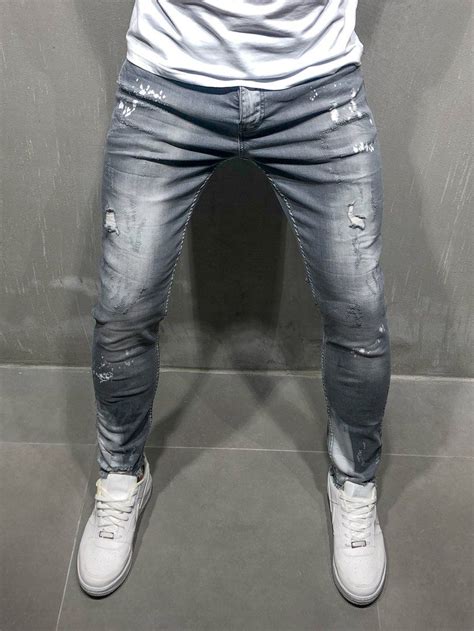 Men Stonewashed Cement Distressed Jeans Gray Grey Jeans Men Mens Streetwear Ripped