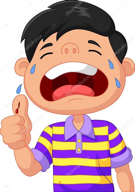 Cartoon Boy Crying Because Of A Cut On His Thumb — Stock Vector