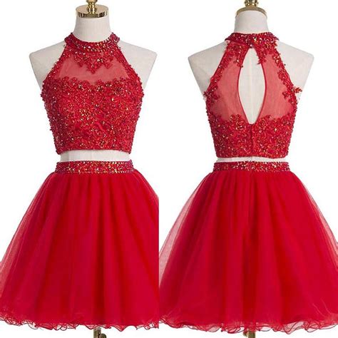 Two Piece Red Homecoming Dresses A Line Beading Short Prom Dress Sexy