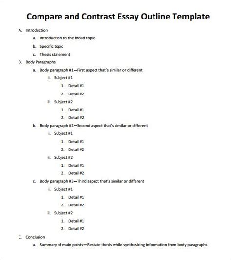 It aids our process of writing, helps us organize our ideas, presents our material in a logical form, and constructs a systematic overview of the subject. Free-Compare-and-Contrast-Essay-Outline-Template.jpg (585 ...