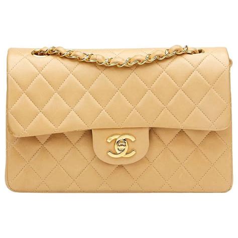 1990s Chanel Beige Quilted Lambskin Vintage Small Classic Double Flap
