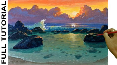 Acrylic Landscape Painting Tutorial Sunset On Shallow Beach Blogtubez