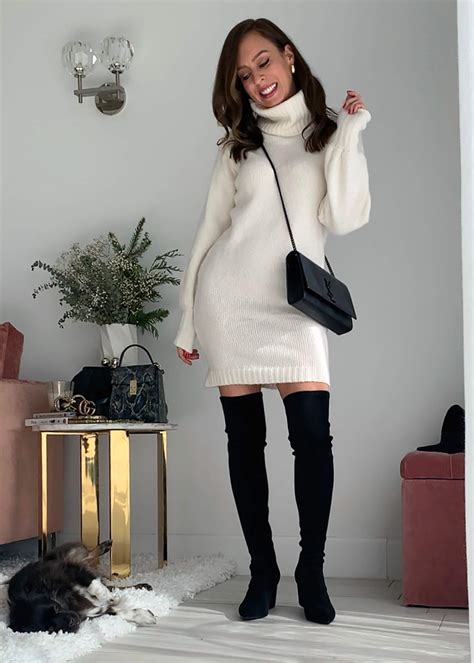 Sydne Style Shows How To Wear Over The Knee Boots With Sweater Dress