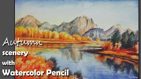 How To Paint A Autumn Scenery With Watercolor Pencil Youtube