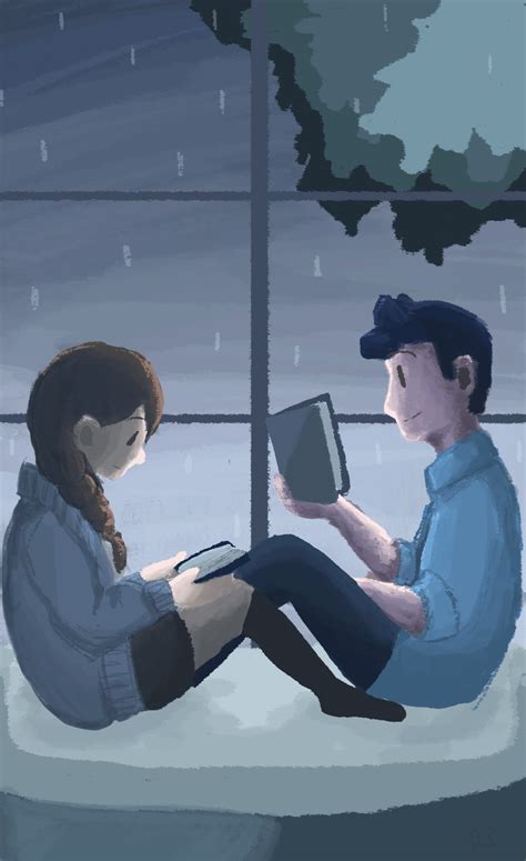 A Man And Woman Are Sitting On A Window Sill Reading Books In The Rain