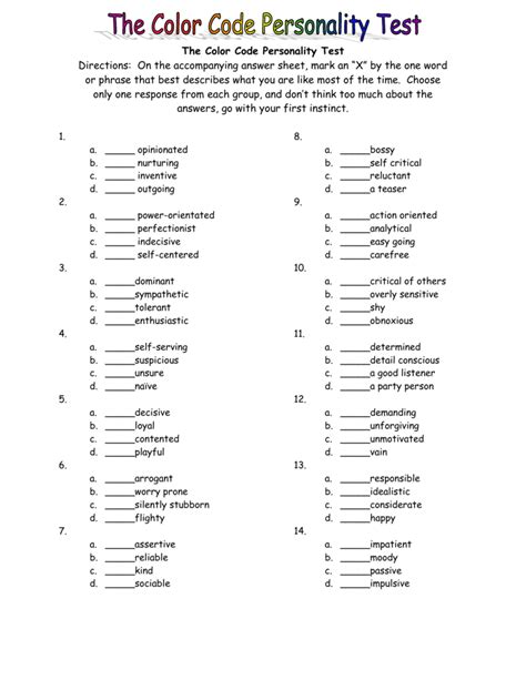 › personality test for kids printable. The Color Code Personality Test