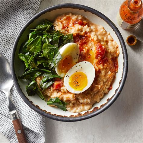 Don't have time to cook in the a.m.? Savory Oatmeal with Cheddar, Collards & Eggs Recipe ...