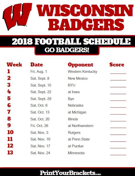 Check out the official 2018 wisconsin badgers football schedule here. 2018 Printable Wisconsin Badgers Football Schedule (With ...