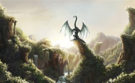 Dragons Fantastic World Fantasy Dragon Waterfall Jungle