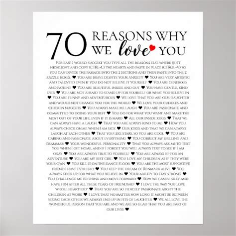 70 Reasons Why We Love You 80th 60th 50th Birthday Poster Zazzle