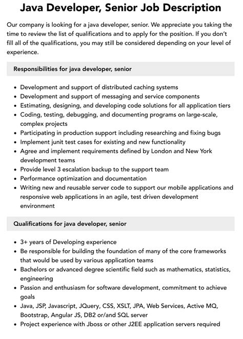 Java Developer Senior Job Description Velvet Jobs
