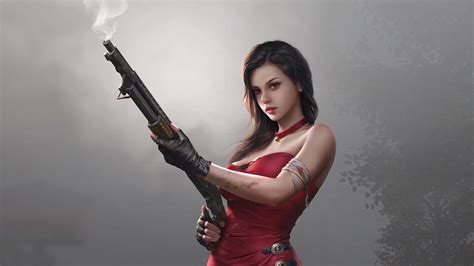 Fantasy Girl In Red Dress With Gun 4k Hd Fantasy Girls