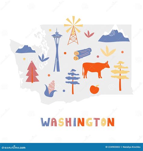 Usa Map Collection State Symbols On Gray State Silhouette Washington