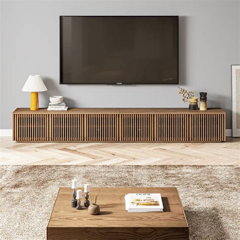 Minimalist TV Stand Solid Wood Slatted Entertainment Center TV Cabinet With Removable Shelves