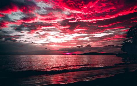 Beautiful Sunset Ocean View Black Clouds White Light Red Sky 4k Hd