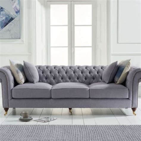 Grey Linen 3 Seater Chesterfield Sofa Camara