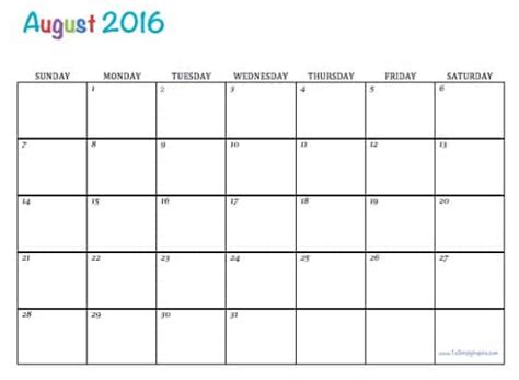 Free Printable Calendar August 2016