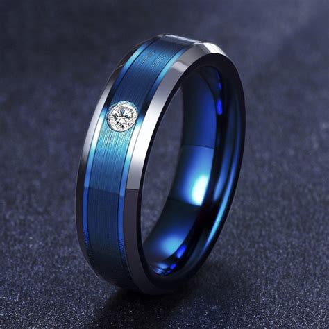 Engravable Cubic Zirconia Blue Frosted Tungsten Ring For Men