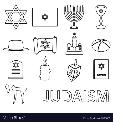 Judaism Religion Symbols Set Of Outline Icons Vector Image