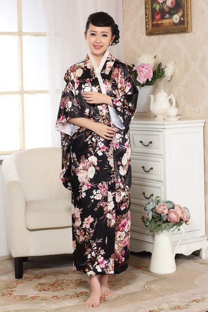 Buy New Black Japanese Women Silk Satin Kimono Yukata