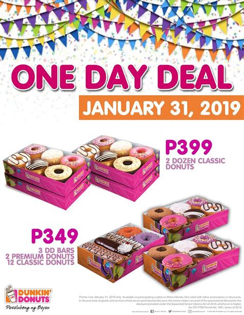 Dunkin donuts menu includes their famous variety of donuts along with other baked goods including munchkins, bagel sandwiches. Dunkin' Donuts One Day Deals - January 31, 2019 ONLY ...