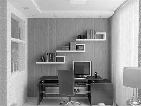 As with the furniture, you should avoid choosing bedding and accessories that feature busy patterns. Small Modern Office Design In Grey And White Built In ...
